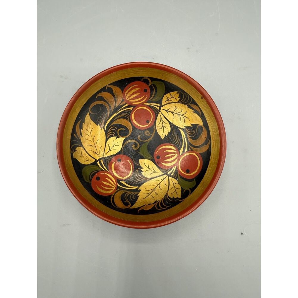 Vintage Khokhloma Wooden Bowl Hand Painted Russian USSR Folk Art 6” Red Black